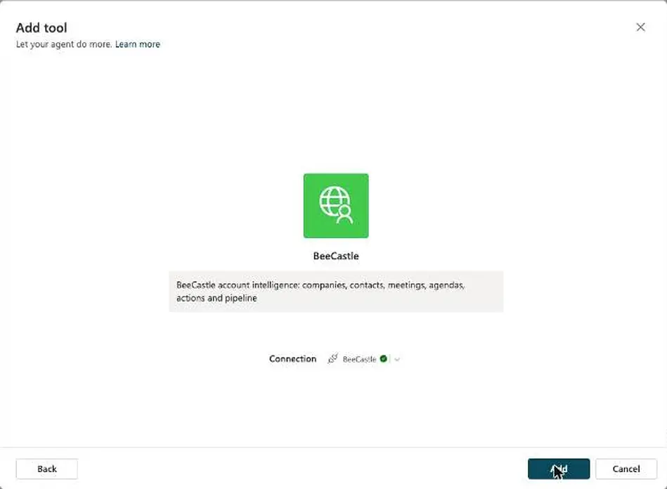 The BeeCastle tool in Copilot Studio with its connection ready and the Add button