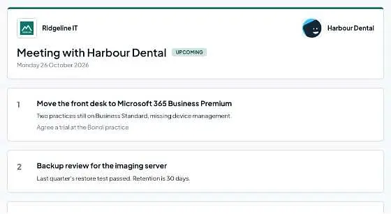 A client page for a meeting between Ridgeline IT and Harbour Dental, in Ridgeline's teal with its logo