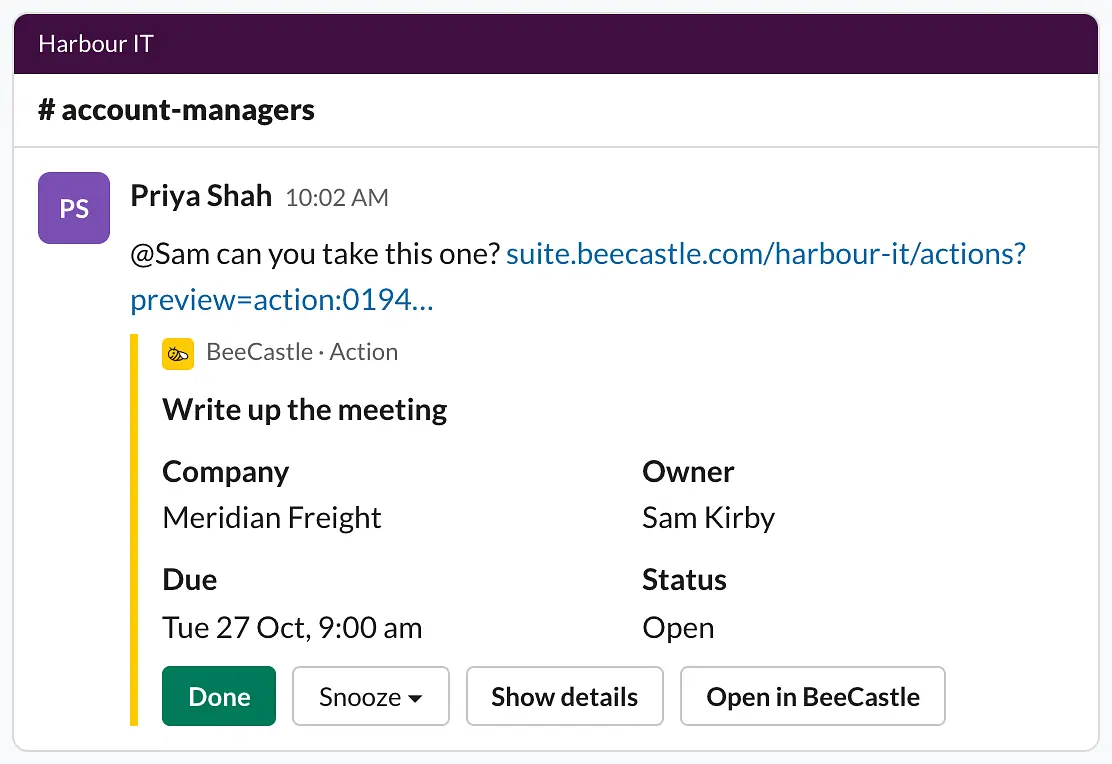 An action shared in Slack, Write up the meeting, with Done, Snooze, Show details and Open in BeeCastle buttons