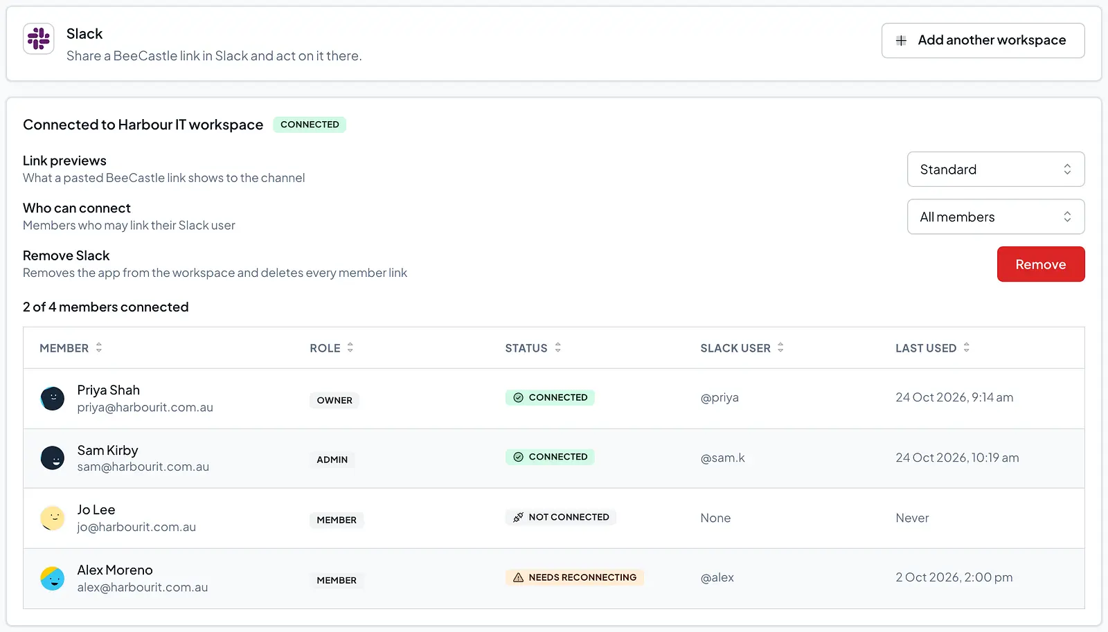 Settings, Integrations, Slack in BeeCastle: the connected workspace, Link previews, Who can connect, Remove Slack and the members who have connected