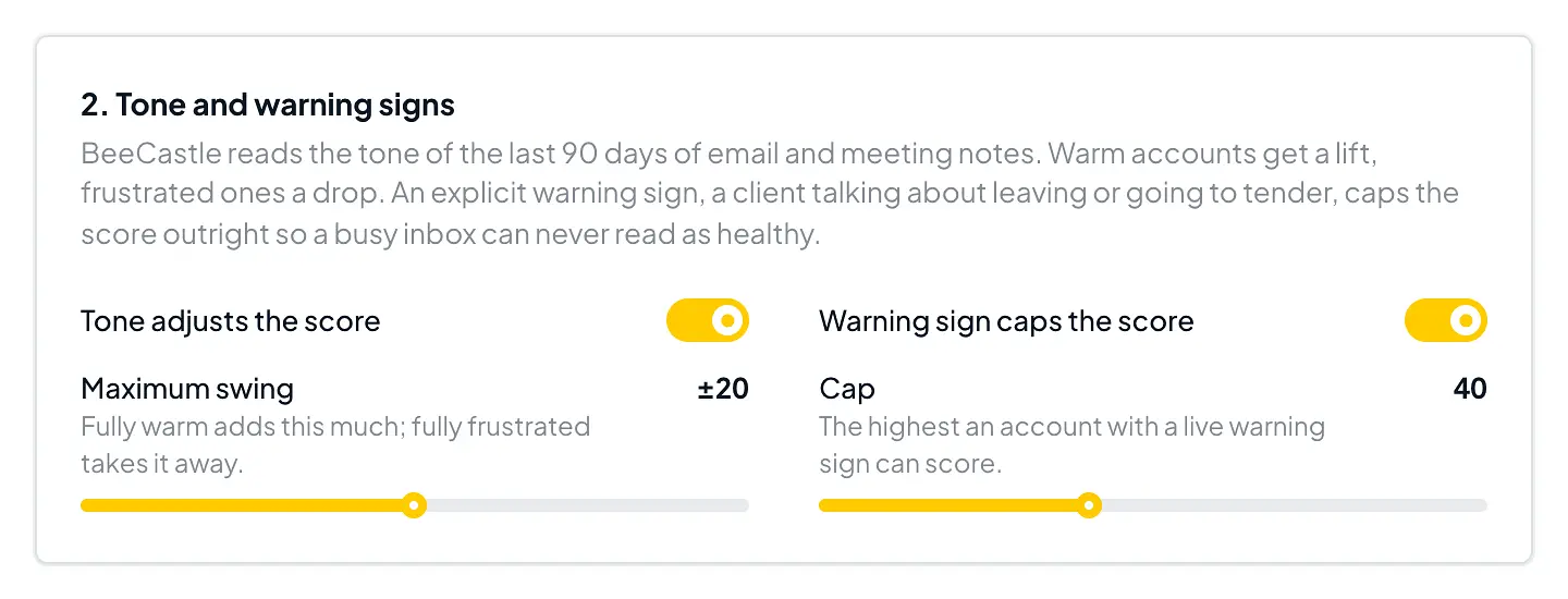 The tone and warning signs section with a tone swing of 20 points and a warning cap of 40.