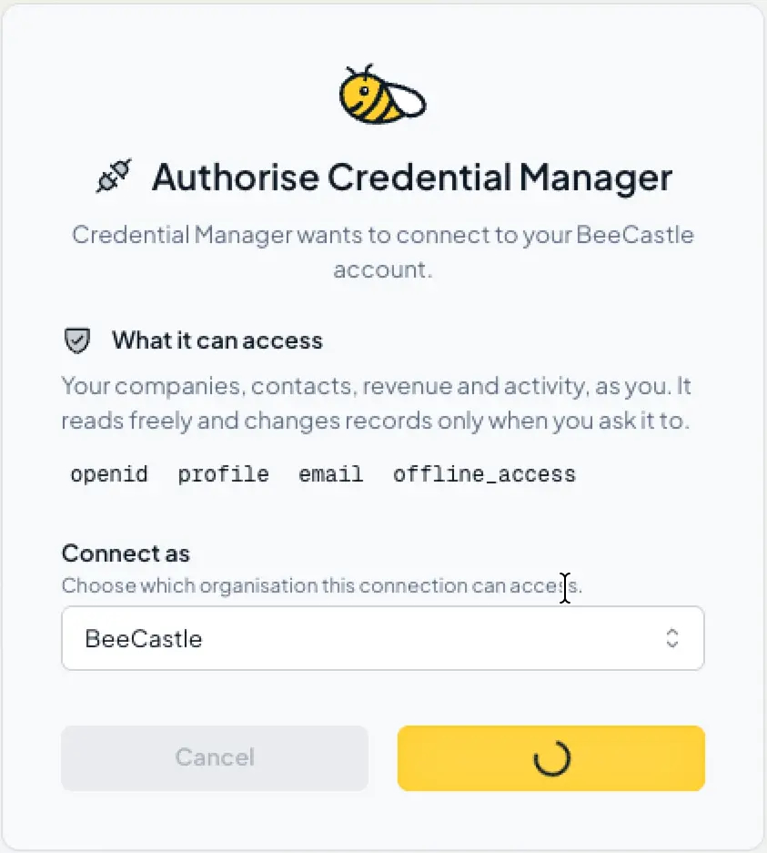 The BeeCastle consent screen: Authorise Credential Manager, what it can access, and Connect as with the organisation selected
