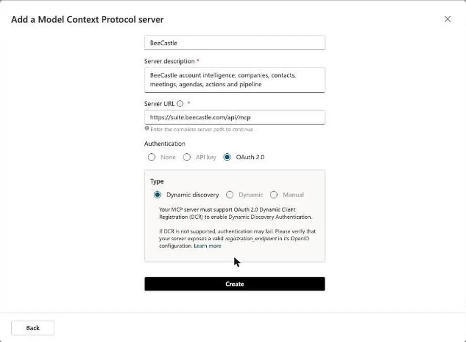 The Add a Model Context Protocol server form filled in for BeeCastle, with OAuth 2.0 and Dynamic discovery selected