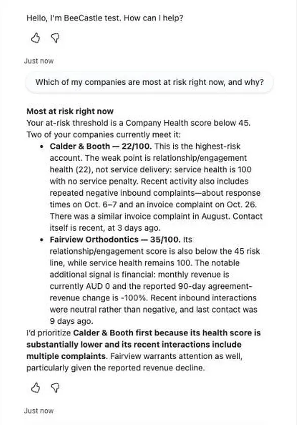 Copilot answering which companies are most at risk, using BeeCastle health scores, service health and recent complaints