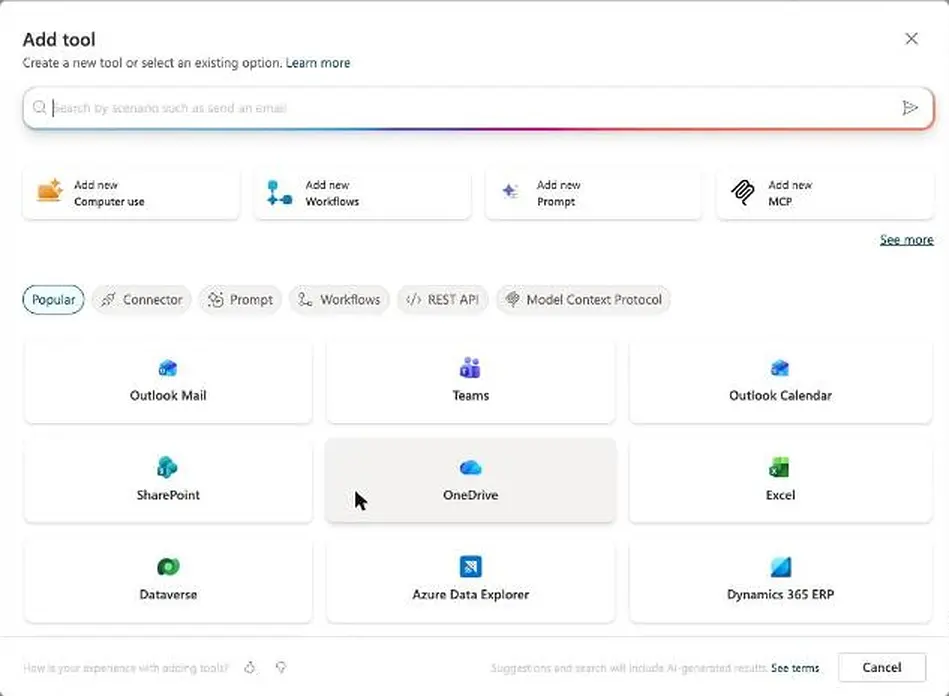 The Add tool dialog in Copilot Studio with Add new MCP in the top row