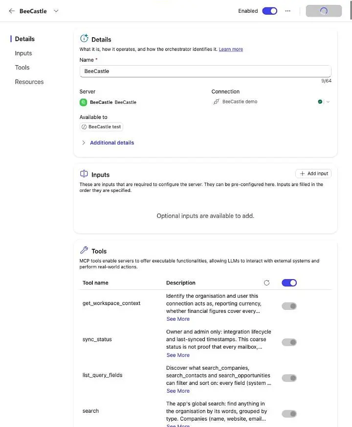 The BeeCastle tool page in Copilot Studio listing its connection and the BeeCastle tools