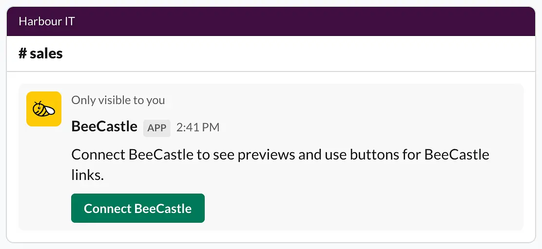 A private message from BeeCastle in Slack, only visible to you, with a Connect BeeCastle button